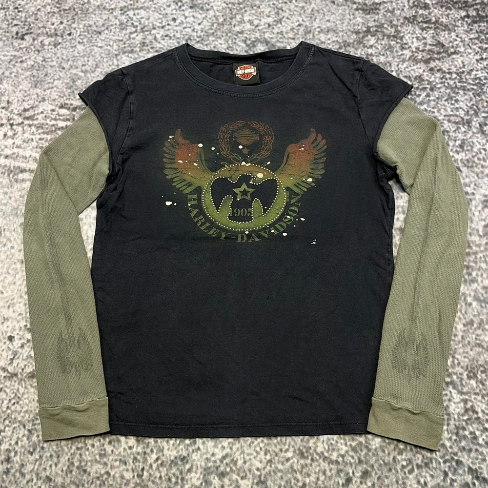 VTG Y2K Harley Davison Shirt Layered Long Sleeve Womens Medium Black Green Biker